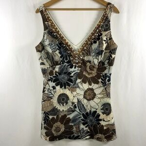 VTG Cache Womens Beaded Floral Structured Linen Top Sz 12 Boho Resort Y2K Artsy